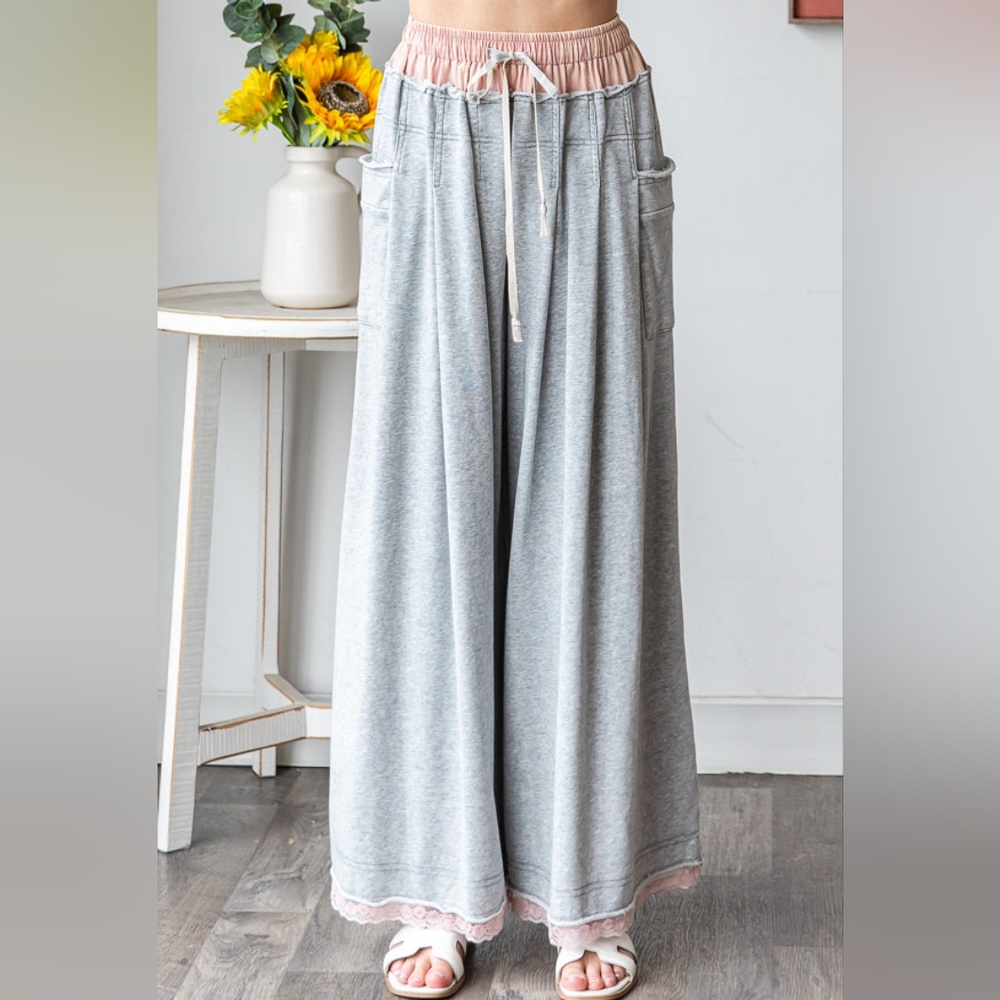 Oli & Hali WASHED TWOFER WAISTBAND WIDE LEG PANTS In H. GREY - Picture 5 of 7
